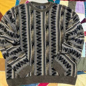 Vintage TSR Brown/Black/White Cable Knit Striped Sweater XL